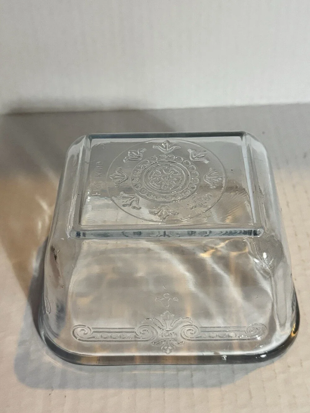 Vintage Blue Tint Glass Refrigerator Dish Embossed Floral Scroll No Lid